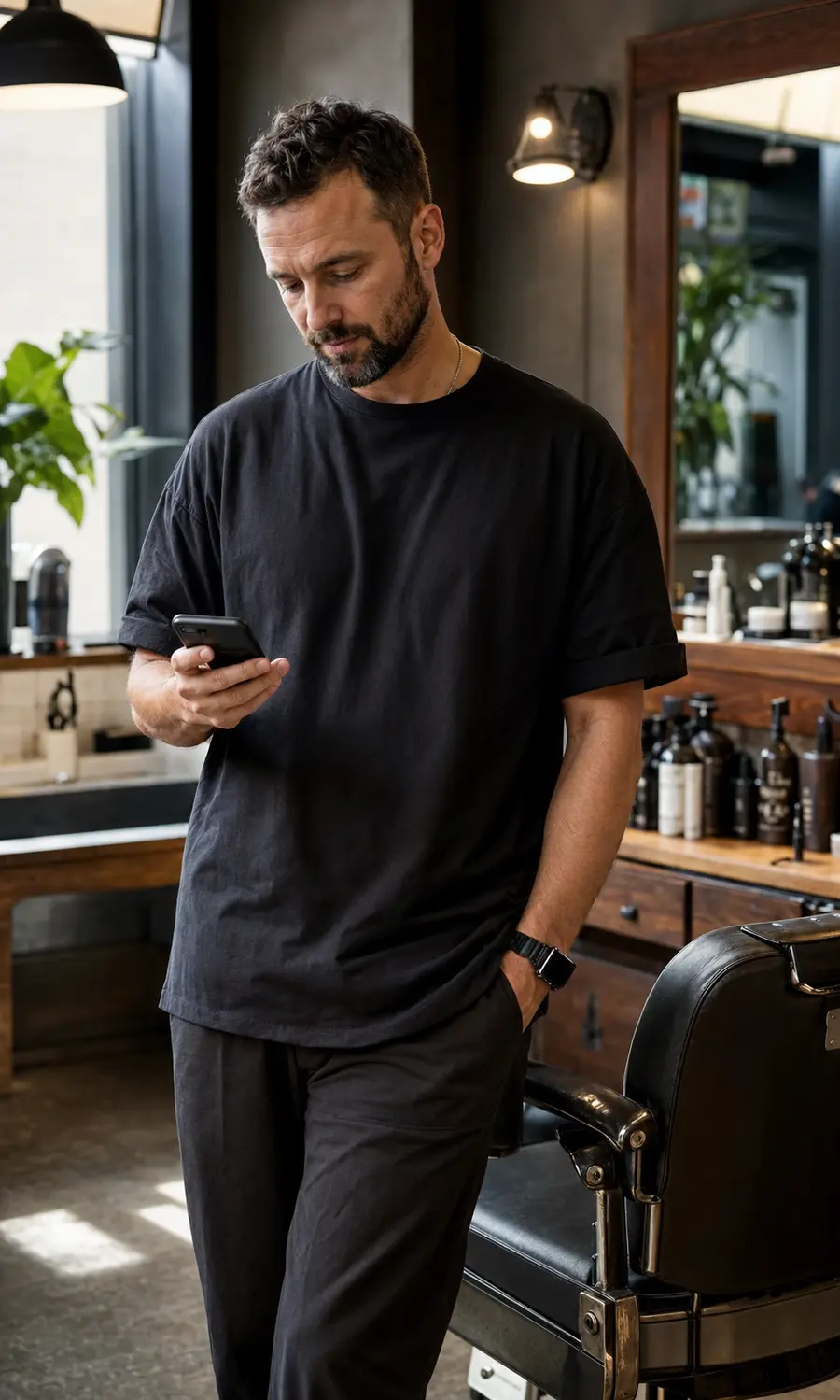 Barber managing his work from a phone
