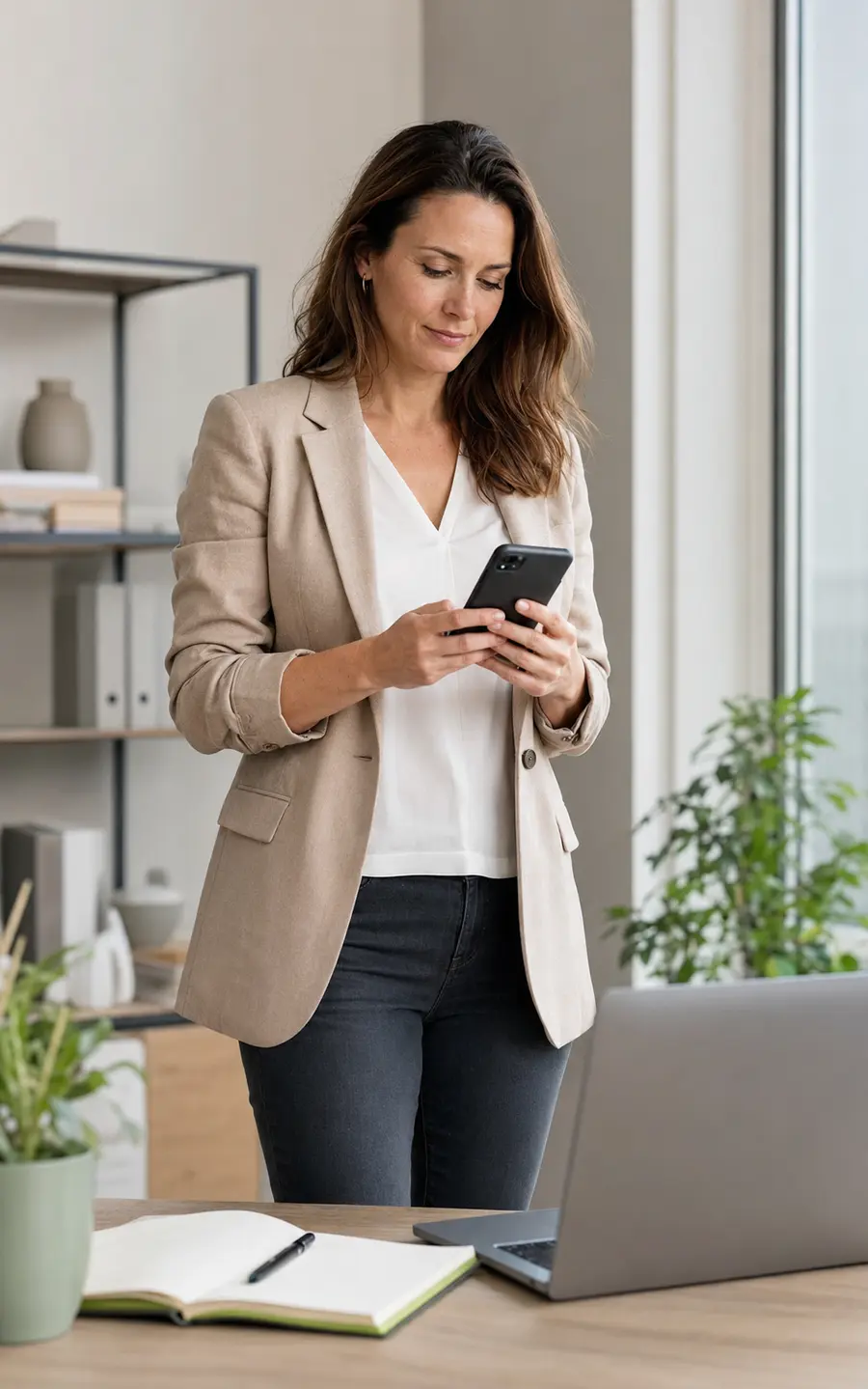 Independent consultant using her phone in an office