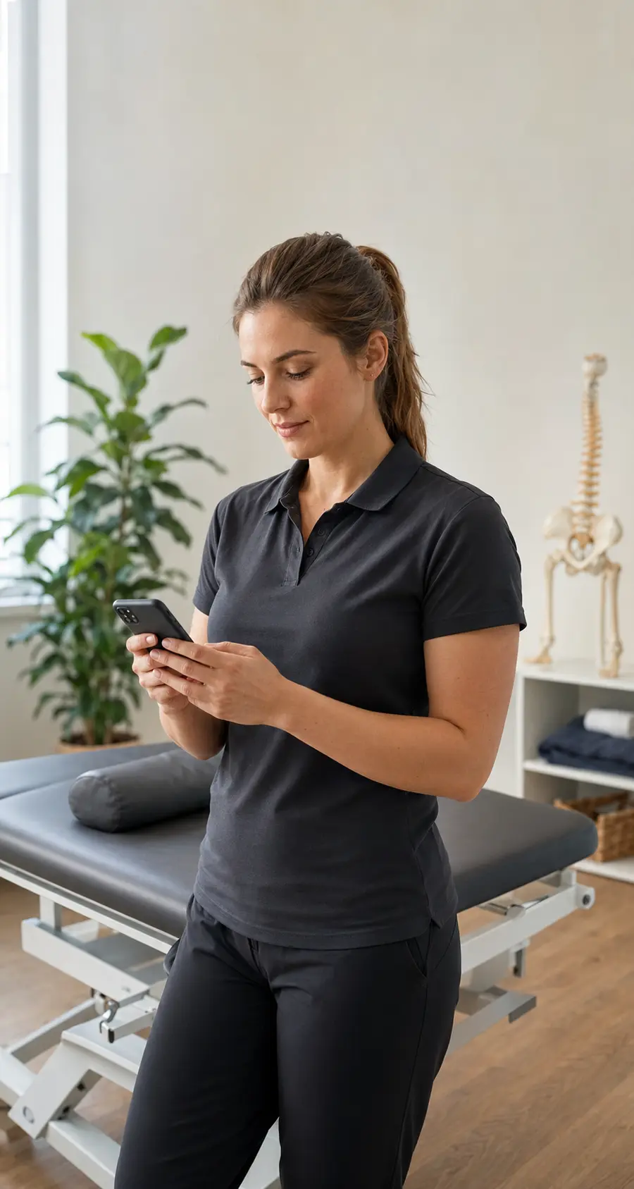 Physiotherapist checking her phone in a clinic